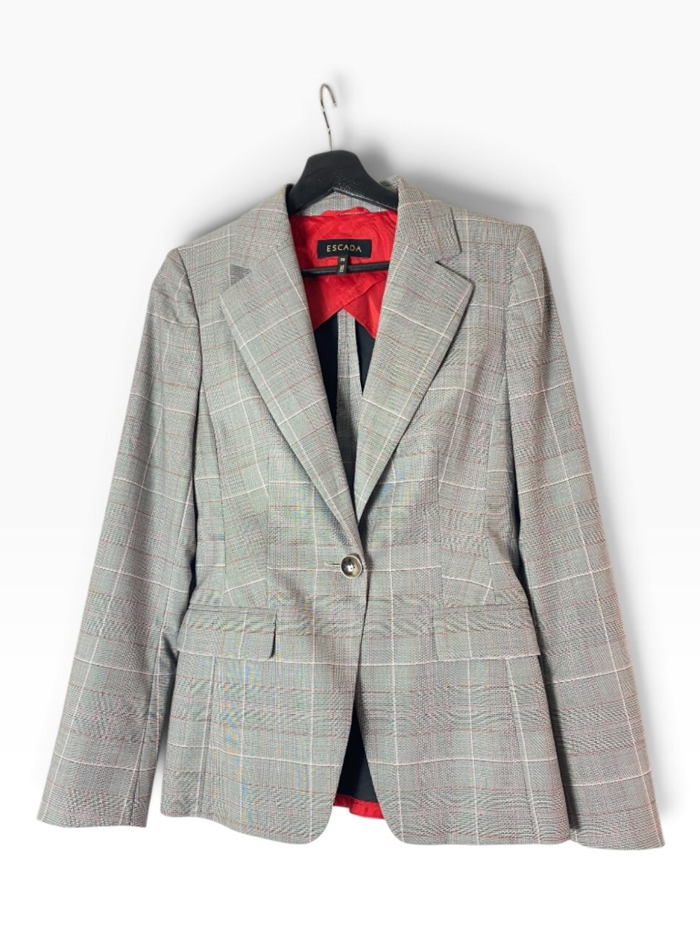Escada Glen Plaid Peplum Blazer Wool Silk Blend Size 36